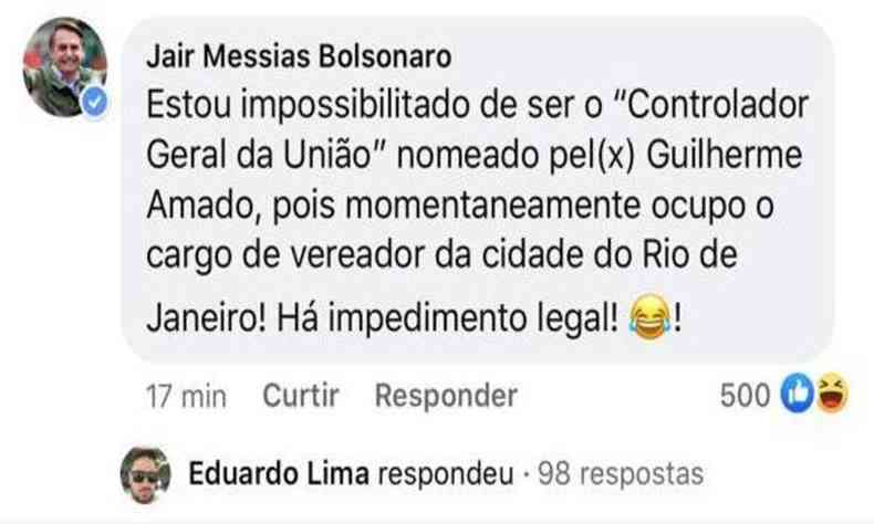 Carlos comentou sem saber que est no perfil do pai, Jair Bolsonaro(foto: Reproduo)