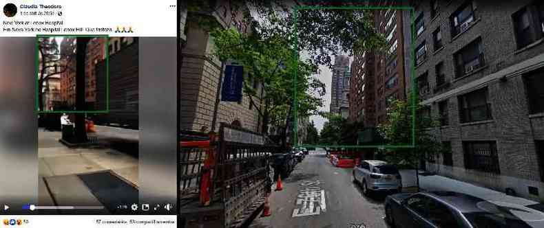 Comparao feita em 16 de abril de 2020 entre vdeo publicado no Facebook (esquerda) e imagem de satlite do Hospital Lenox Hill, em Nova York (direita)