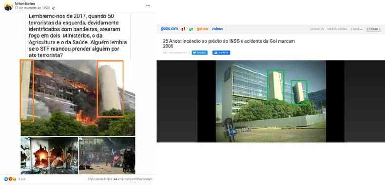 Combinao de fotos feita em 24 de fevereiro de 2021 com a postagem viralizada ( esquerda) e o vdeo do G1