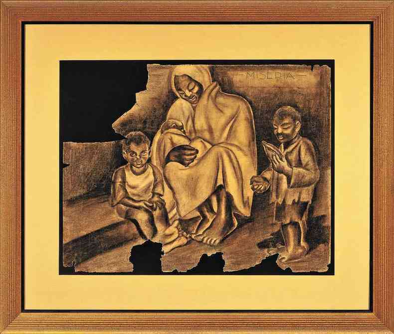 desenho de Fernando Pieruccetti mostra mulher negra carregando beb e com duas crianas ao seu lado
