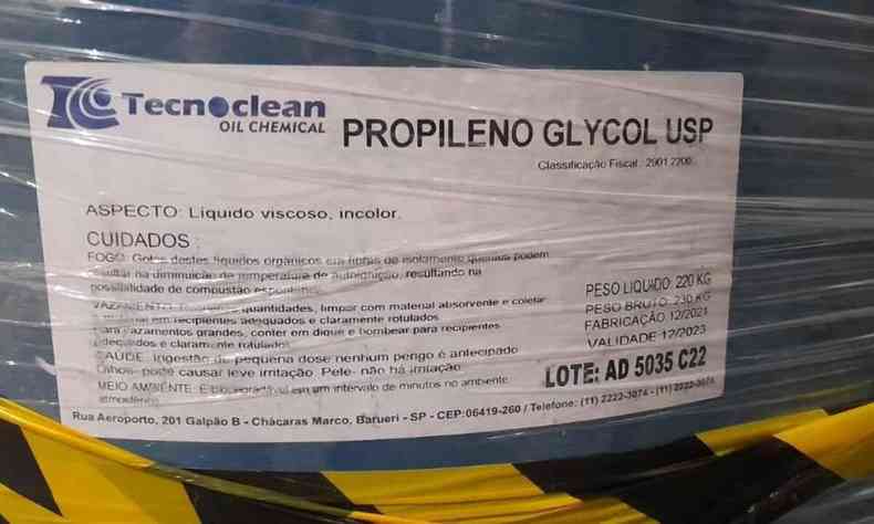 Rtulo de embalagem de propilenoglicol vendido pela empresa Tecno Clean  Bassar Pet Food