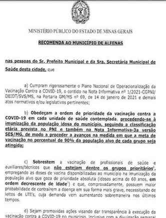 MPMG recomendou a suspenso de vacinao dos profissionais que no estejam na linha de combate  COVID-19(foto: Trecho do documento)