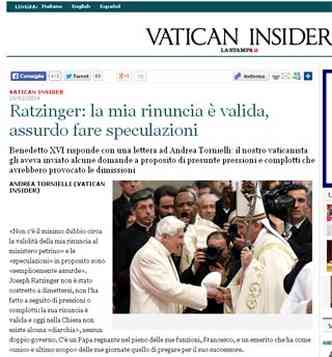 Jornal italiano especialista em Vaticano recebe rara resposta de papa emrito que vive recluso aps renncia ao pontificado(foto: reproduo/lastampa.it)