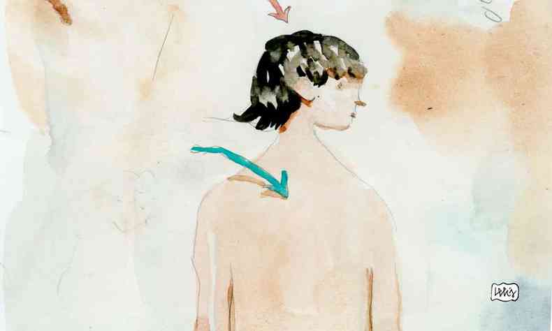 Ilustrao mostra figura feminina, de costas, e uma seta verde apontando para a coluna vertebral dela