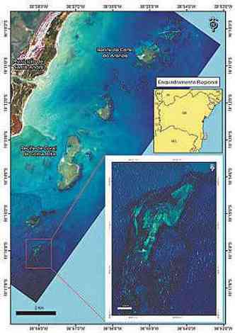 Localizao no mapa do complexo de recifes: diferentemente das formaes brasileiras mais comuns, este  fundo e tem paredes retas (foto: Arquivo EM)