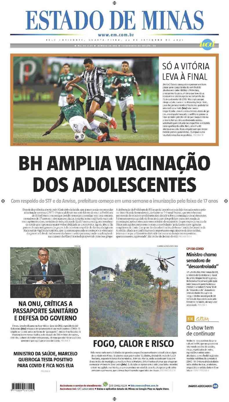 Confira a Capa do Jornal Estado de Minas do dia 22/09/2021