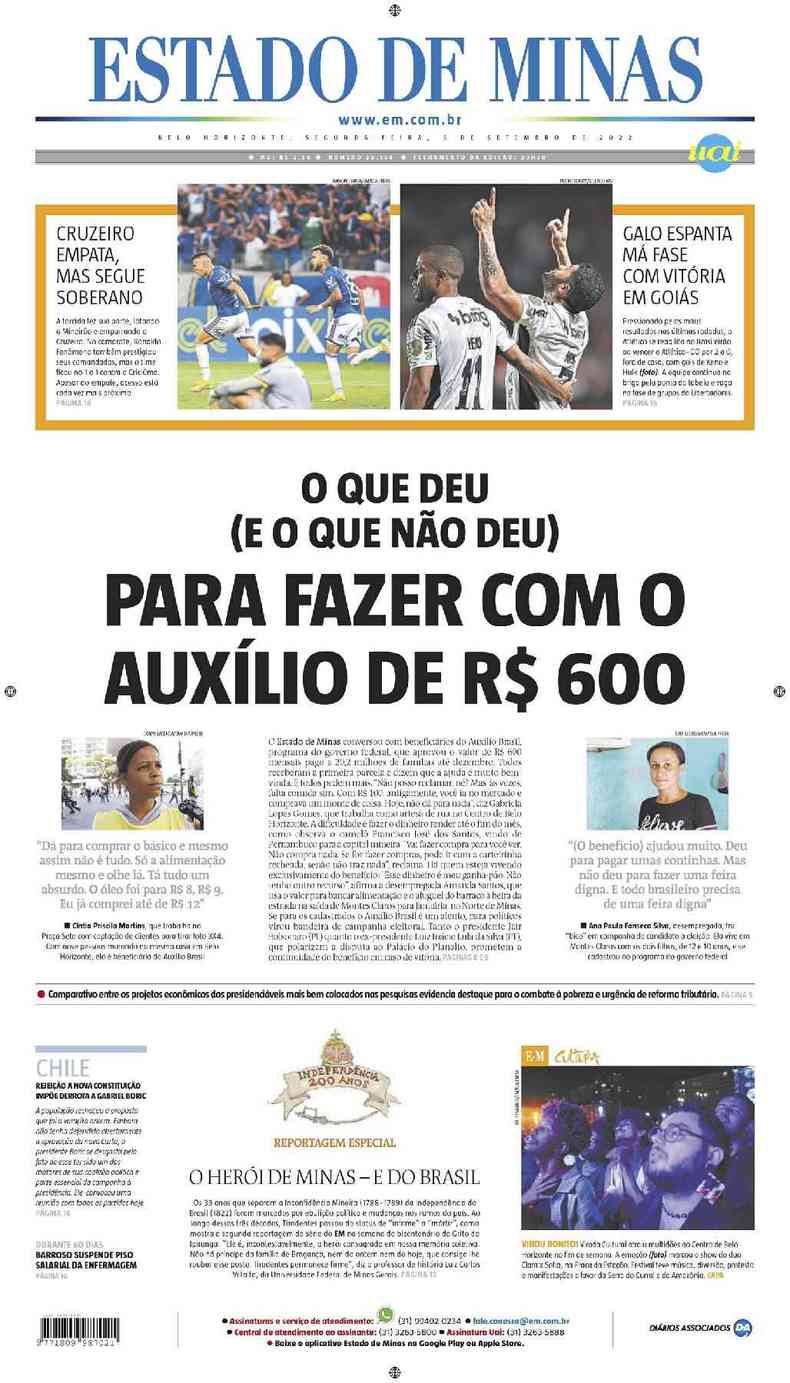 Confira a Capa do Jornal Estado de Minas do dia 05/09/2022