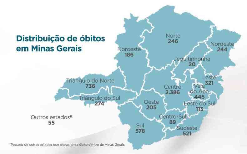 Mapa de óbitos causados pela COVID-19 em Minas Gerais(foto: Governo de Minas)