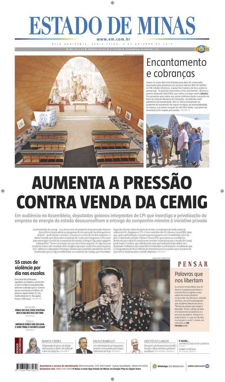 Confira a Capa do Jornal Estado de Minas do dia 04/10/2019(foto: Estado de Minas)