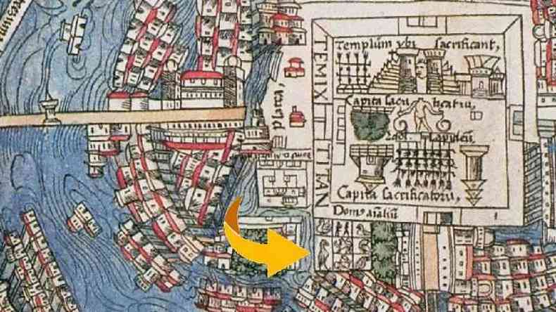 O Zoolgico de Moctezuma no mapa de Tenochtitlan, publicado em Nuremberg em 1524