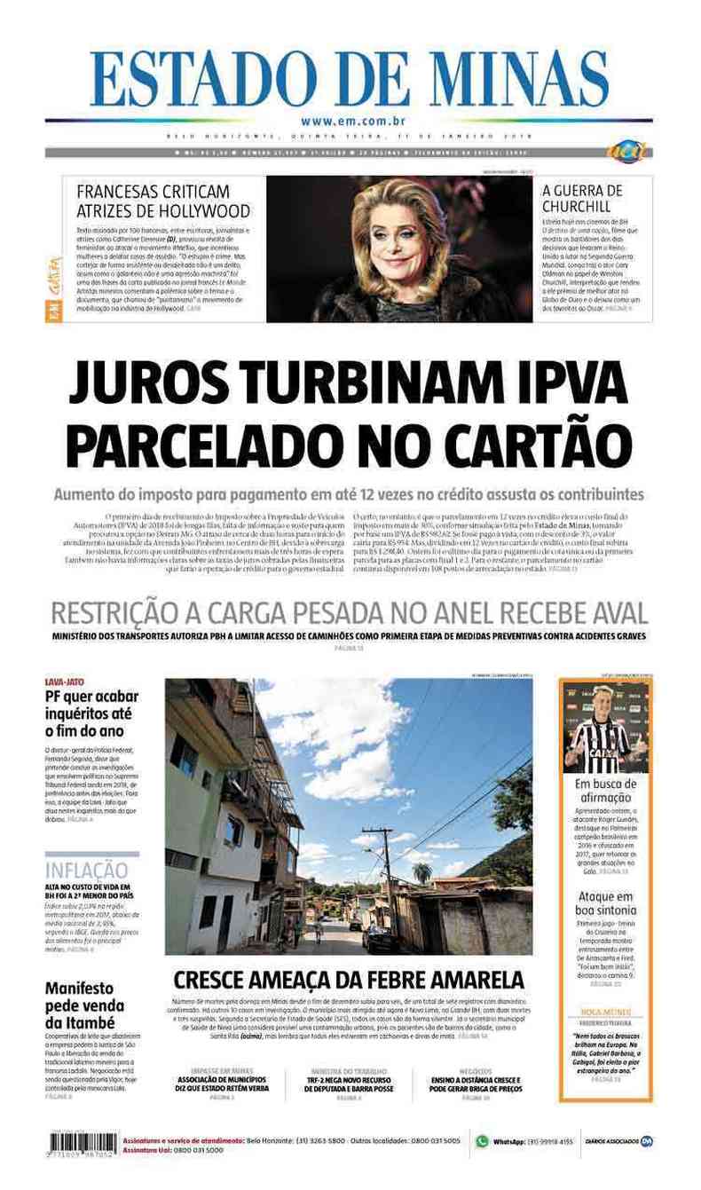 Confira a Capa do Jornal Estado de Minas do dia 11/01/2018
