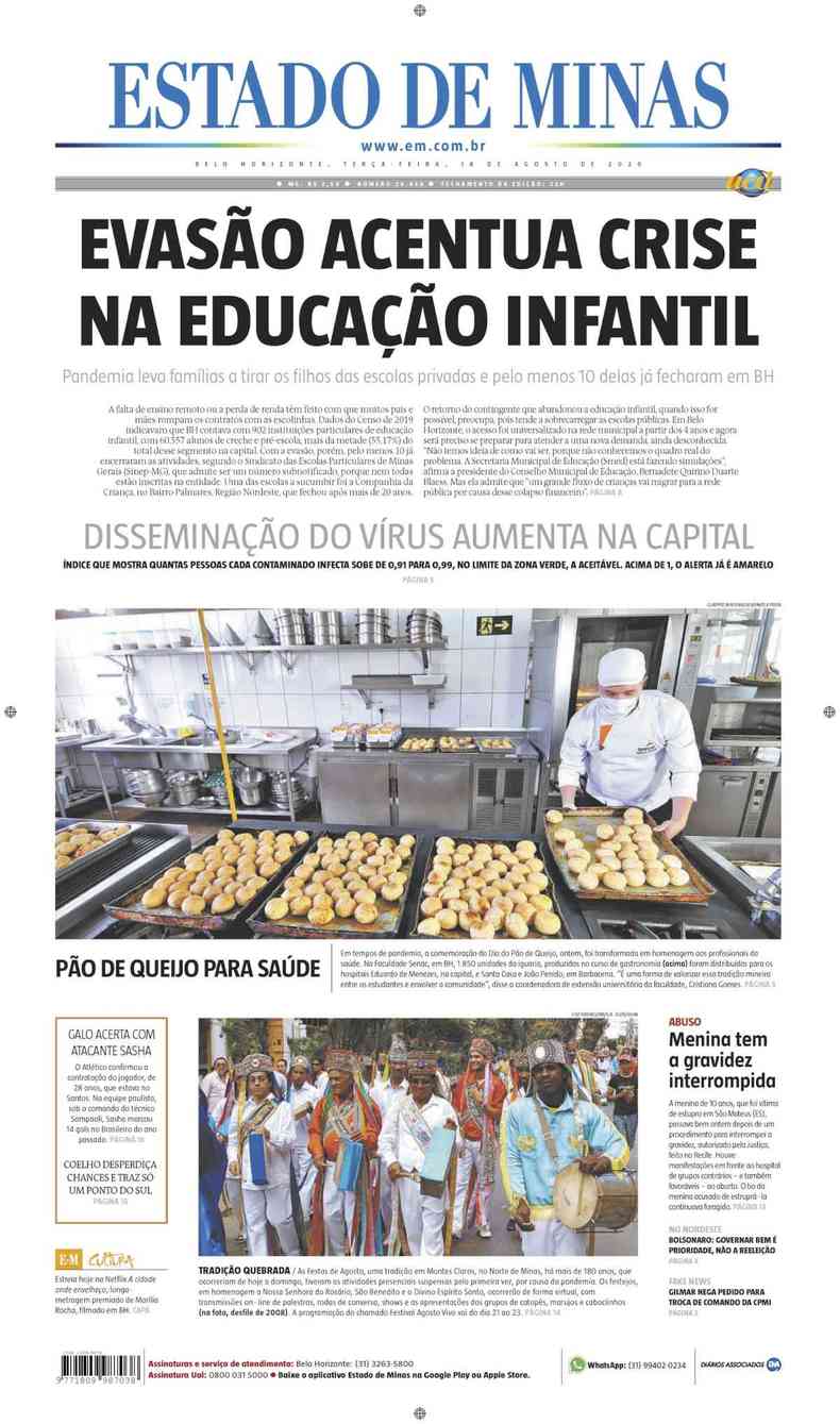Confira a Capa do Jornal Estado de Minas do dia 18/08/2020(foto: Estado de Minas)