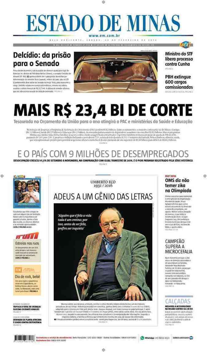 Confira a Capa do Jornal Estado de Minas do dia 20/02/2016