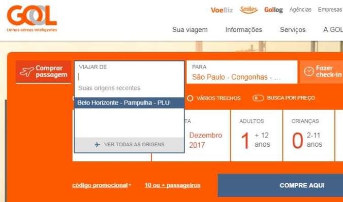 Passagens do Aeroporto da Pampulha para Congonhas estarão disponíveis para venda a partir de amanhã(foto: Site da Gol/ Reprodução) Passagens do Aeroporto da Pampulha para Congonhas estarão disponíveis para venda a partir de amanhã(foto: Site da Gol/ Reprodução)