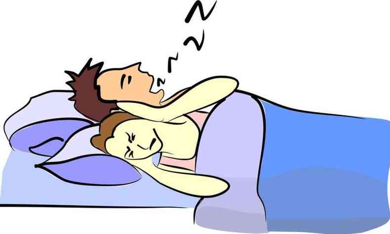 Ilustrao mostra casal na cama, com homem roncando e a mulher tapando os ouvidos com as mos
