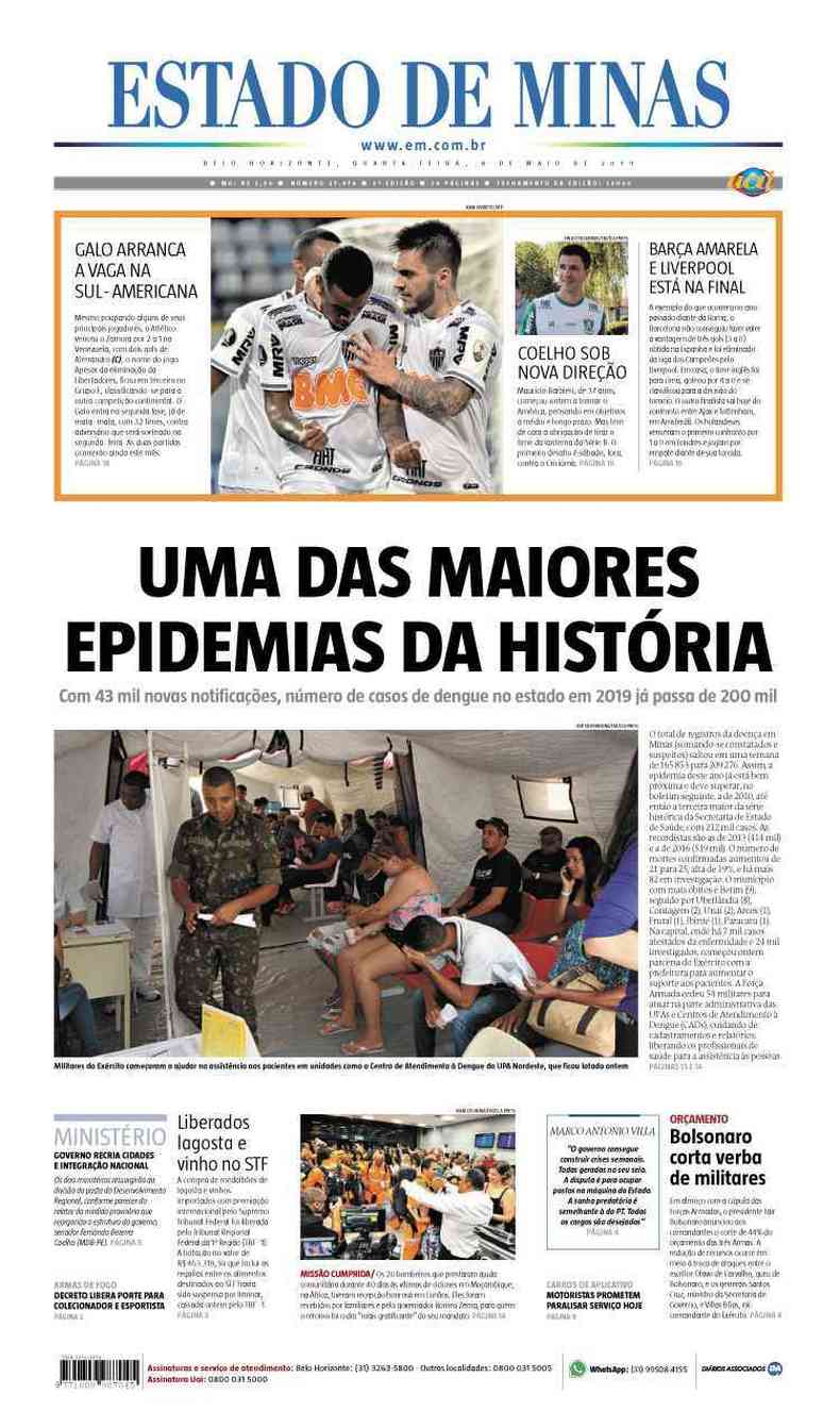 Confira a Capa do Jornal Estado de Minas do dia 08/05/2019(foto: Estado de Minas)