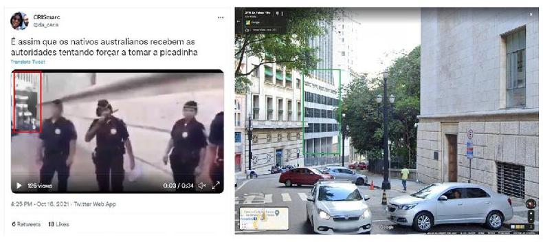 Comparação de capturas de tela do vídeo viralizado (E) e do Google Street View em uma rua próxima à prefeitura de São Paulo feita em 1º de novembro de 2021 ( . / )(foto: Reprodução) Imagem que circulou pelas redes sociais