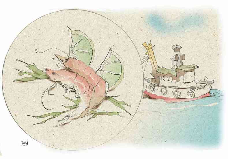 Ilustrao mostra camaro e barco pesqueiro 