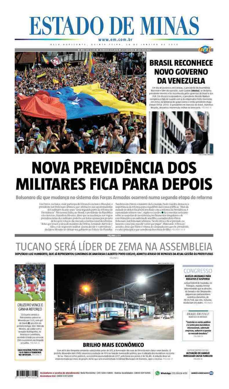 Confira a Capa do Jornal Estado de Minas do dia 24/01/2019(foto: Estado de Minas)