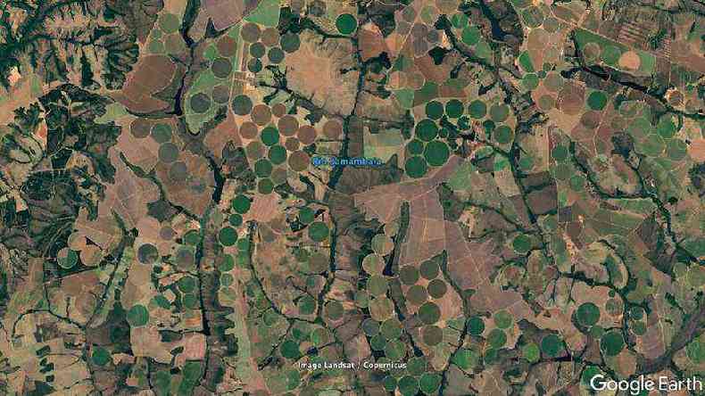 ...e em 2020, aps substituio de boa parte da vegetao nativa por lavouras irrigadas(foto: Google Earth)