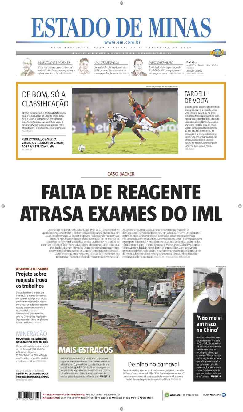 Confira a Capa do Jornal Estado de Minas do dia 13/02/2020(foto: Estado de Minas)