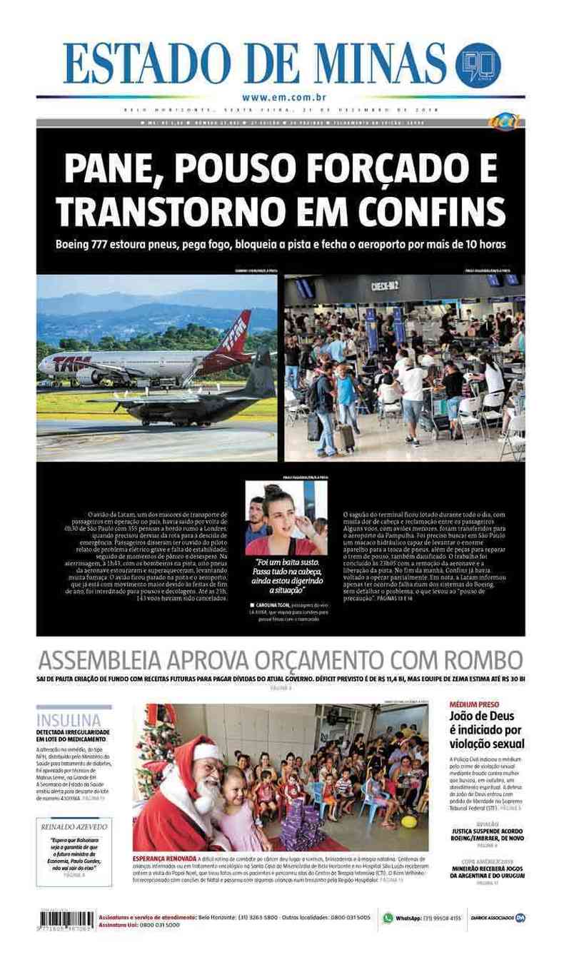 Confira a Capa do Jornal Estado de Minas do dia 21/12/2018(foto: Estado de Minas)