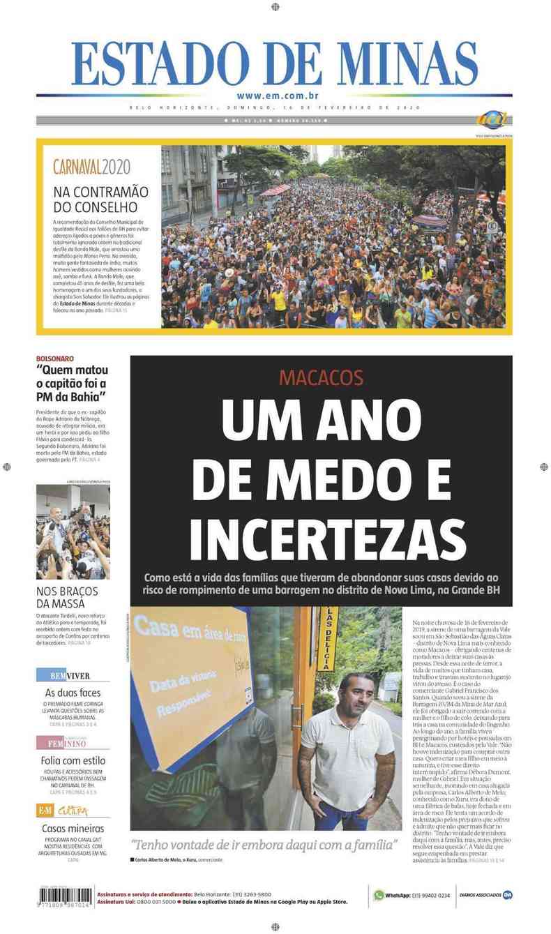 Confira a Capa do Jornal Estado de Minas do dia 16/02/2020(foto: Estado de Minas)