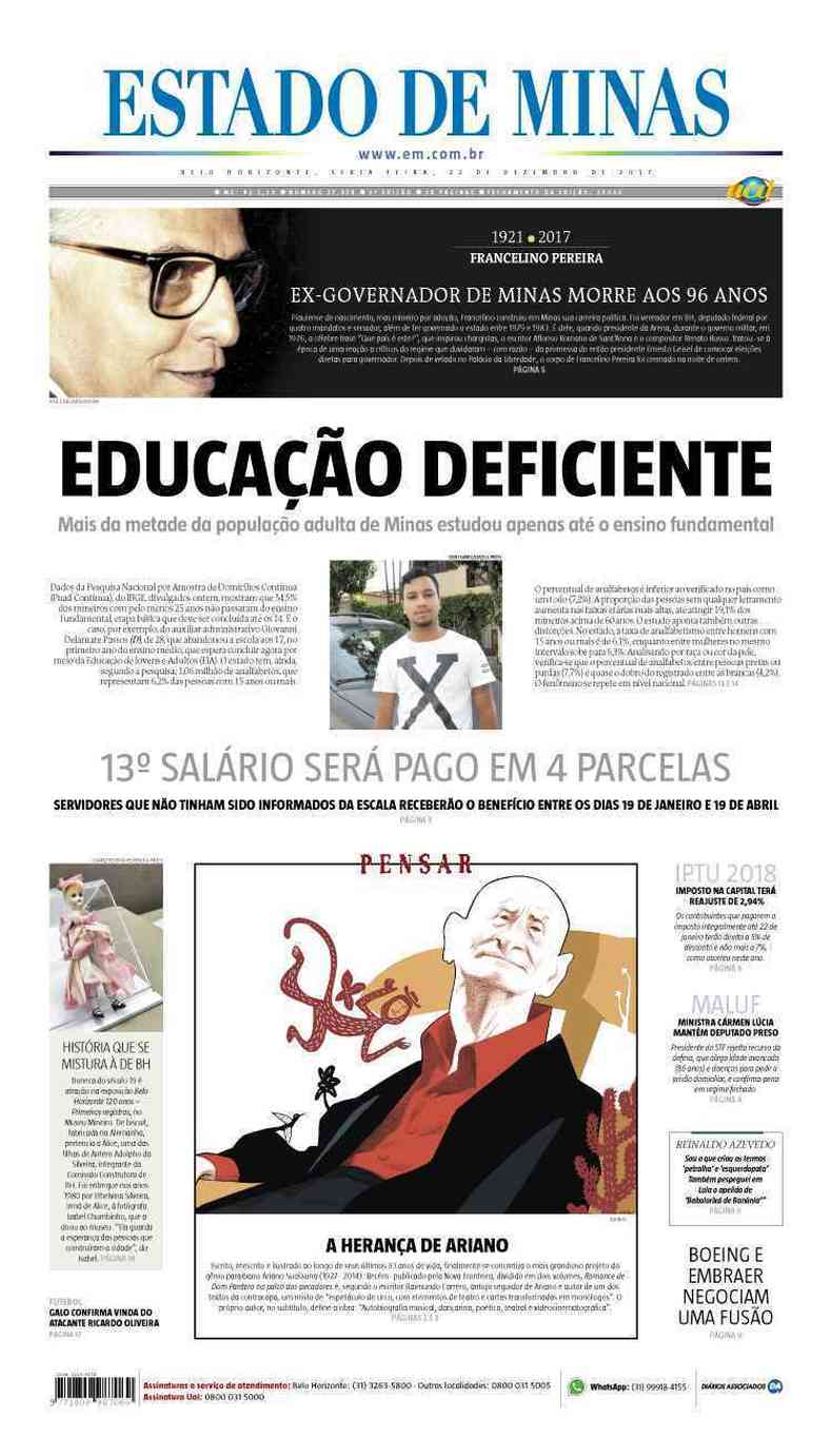 Confira a Capa do Jornal Estado de Minas do dia 22/12/2017