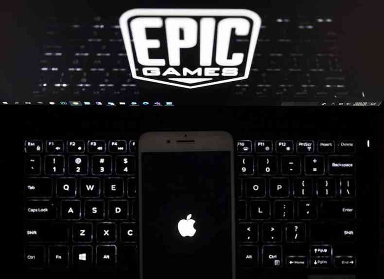 Imagem ilustrativa mostra logotipo da Epic Games exibido em um laptop e logotipo da Apple em iPhone