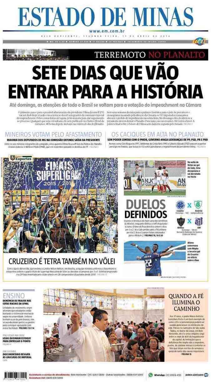 Confira a Capa do Jornal Estado de Minas do dia 11/04/2016