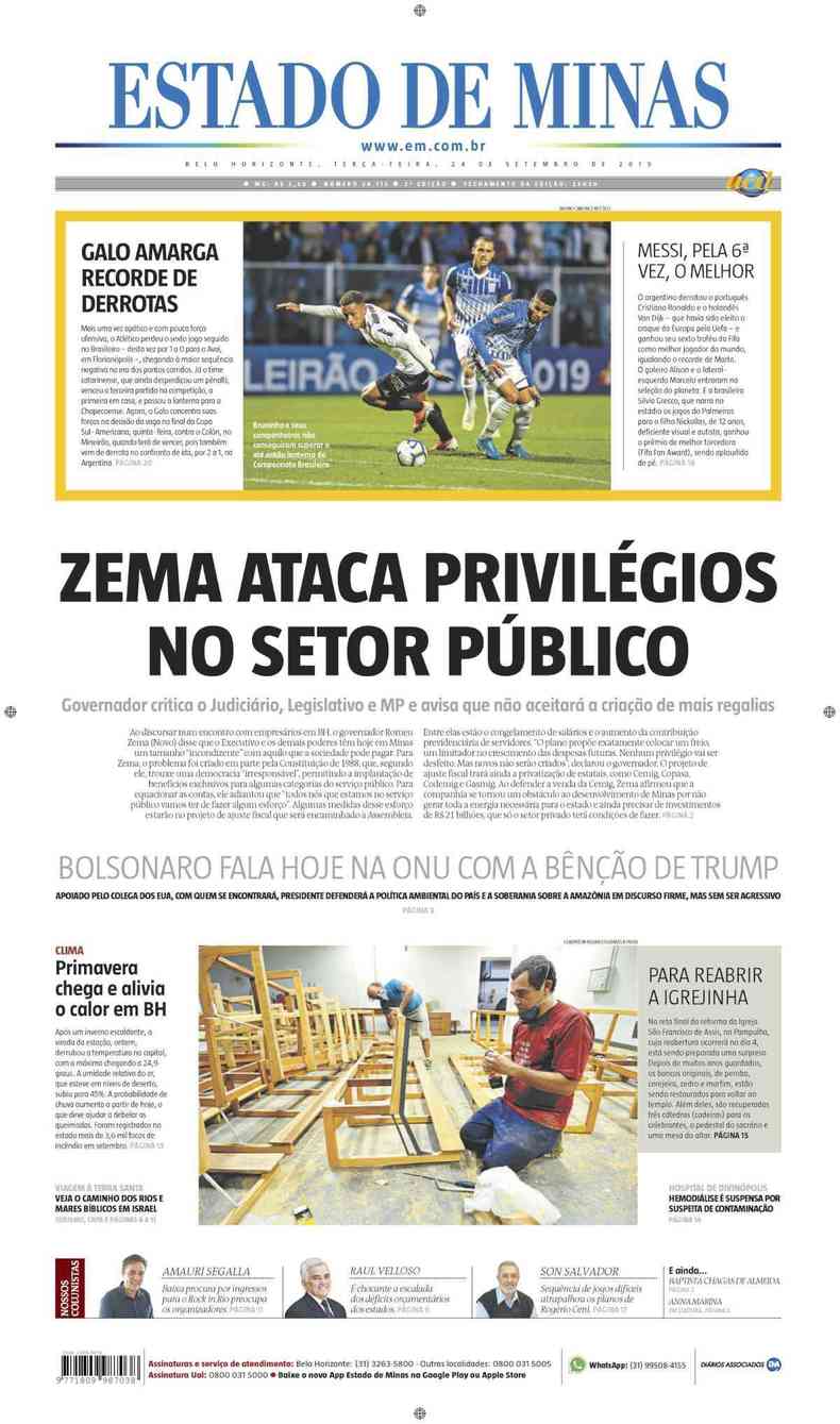 Confira a Capa do Jornal Estado de Minas do dia 24/09/2019(foto: Estado de Minas)