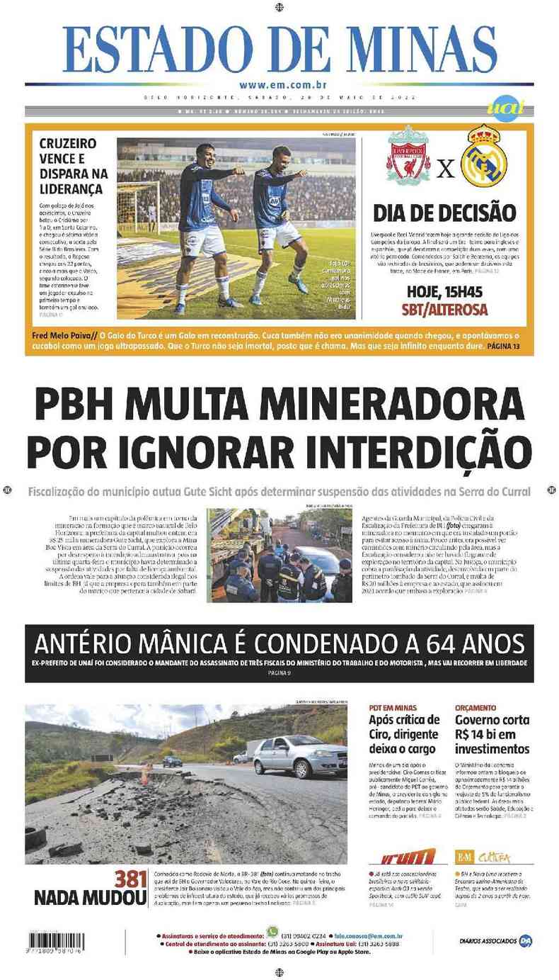 Confira a Capa do Jornal Estado de Minas do dia 28/05/2022