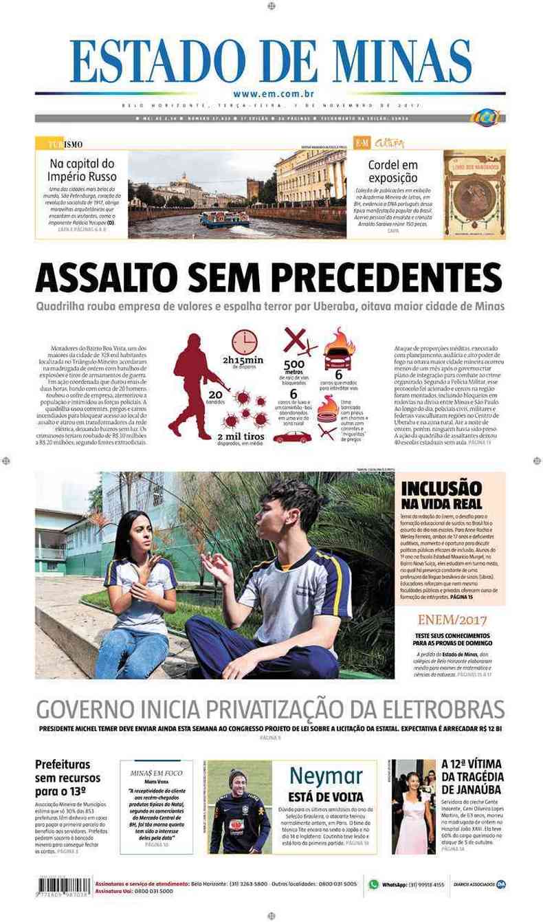 Confira a Capa do Jornal Estado de Minas do dia 07/11/2017