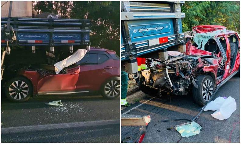 Acidente aconteceu na madrugada desta segunda-feira (18/4), na altura do km 75 da BR-050, em Araguari, no Triângulo Mineiro(foto: Corpo de Bombeiros/Divulgação) Montagem de fotos de acidente de carro e caminhão
