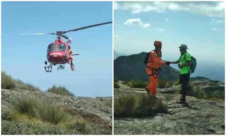 Fotomontagem.  esquerda, helicptero preparando pouso no topo da montanha. Do outro lado, bombeiro cumprimenta homem alvo do resgate. 