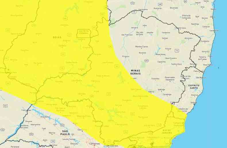 Faixa amarela que atravessa 66% dos municpios mineiros tem alerta de risco potencial de chuvas fortes mapa meteorolgico