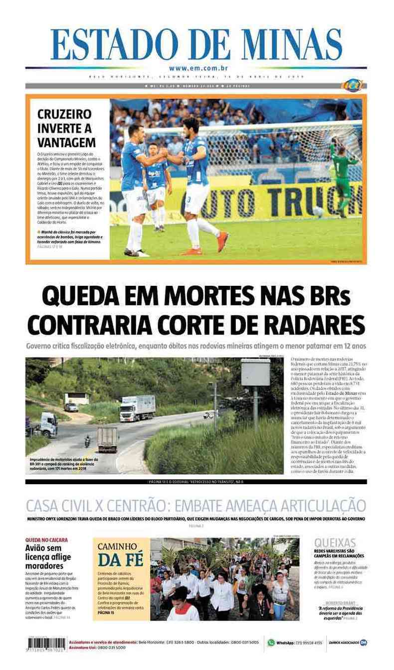 Confira a Capa do Jornal Estado de Minas do dia 15/04/2019(foto: Estado de Minas)