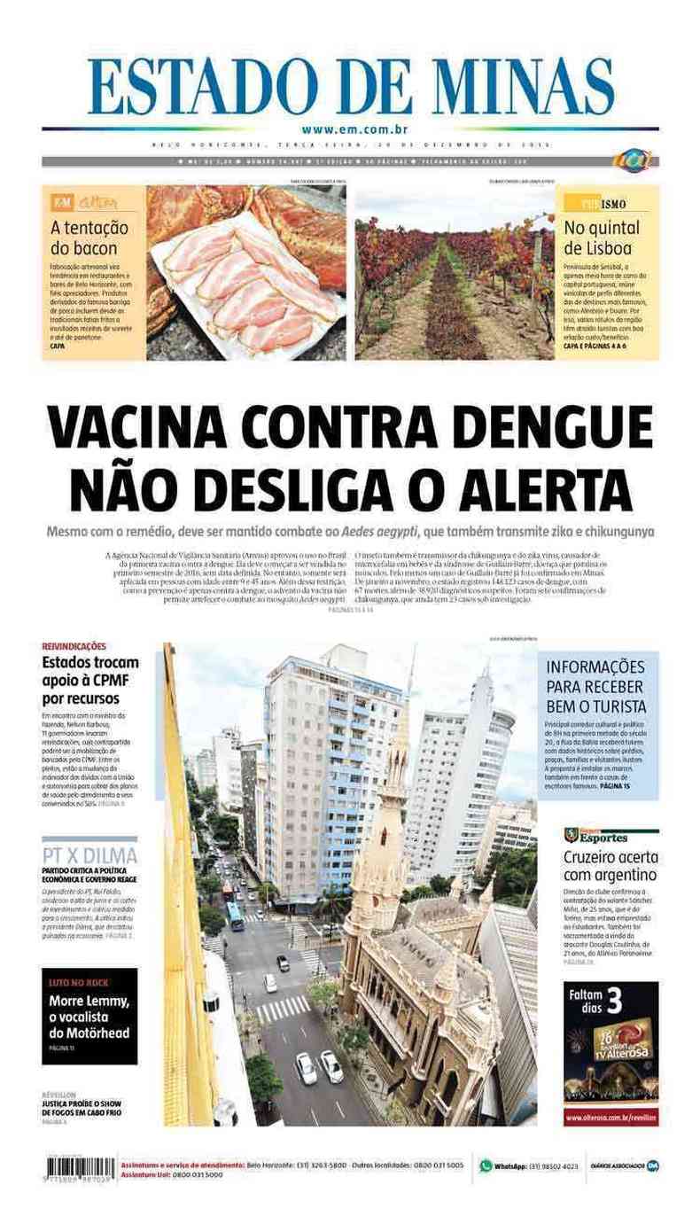 Confira a Capa do Jornal Estado de Minas do dia 29/12/2015