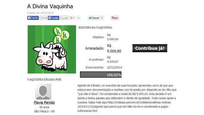 Arrecadao atingiu marca de R$ 5.000,80 faltando poucos minutos para as 22h(foto: Reproduo/vakinha.com.br)