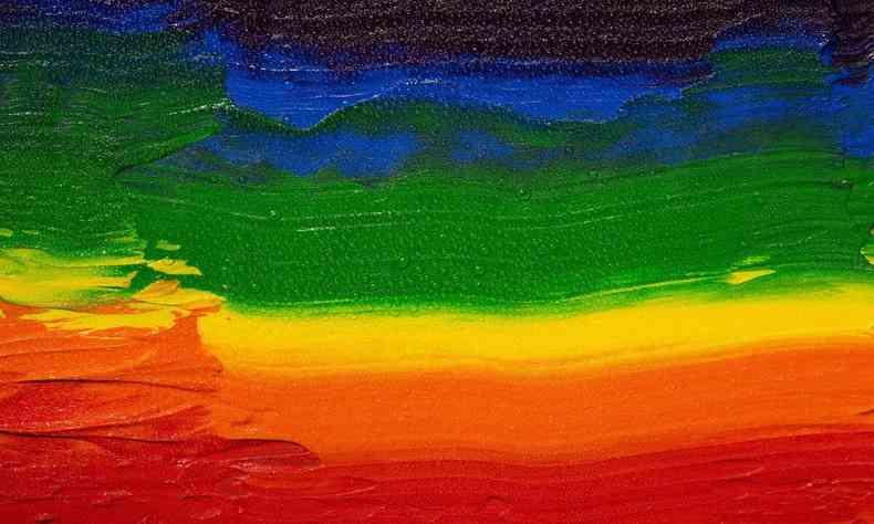 Pintura em aquarela de forma não linear, com linhas irregulares em azul, verde, amarelo, laranja e vermelho.