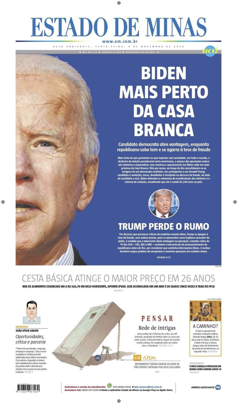 Confira a Capa do Jornal Estado de Minas do dia 06/11/2020(foto: Estado de Minas)