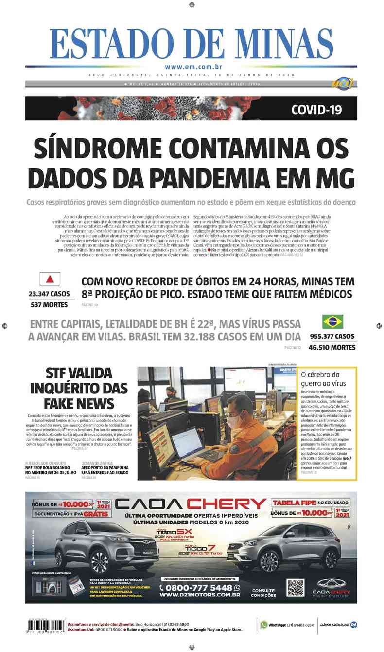 Confira a Capa do Jornal Estado de Minas do dia 18/06/2020(foto: Estado de Minas)