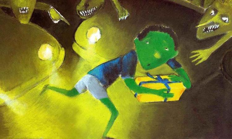 Menino carregando presente  cercado por pessoas acusadoras, como monstros, em ilustrao de Angela Lago, feita para o livro Cena de rua