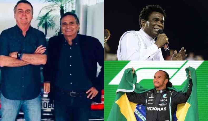Montagem de trs fotos mostra Bolsonaro com Piquet, Lewis com bandeira do Brasil e o Neguinho da Beija-flor