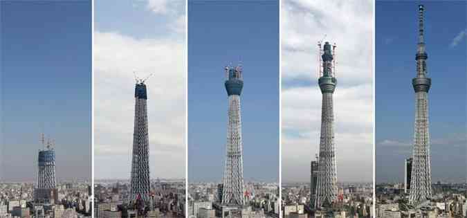 Montagem mostra o progresso da montagem da torre em outubro de 2009, abril de 2010, agosto de 2010, dezembro de 2010 e maio de 2012 (foto: AFP PHOTO / JIJI PRESS JAPAN OUT )