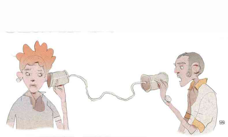 Ilustração do Lelis mostra mulher e homem conversando por telefone de lata, brinquedo das crianças