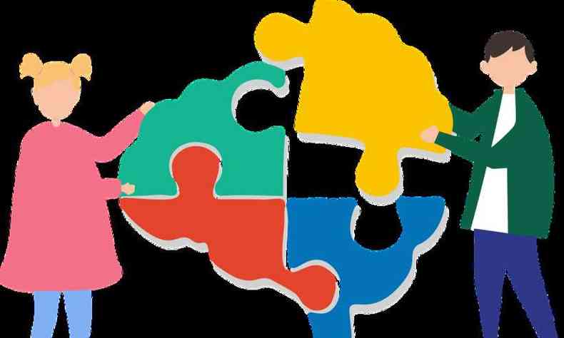 ilustrao de duas crianas tocando um crebro colorido na forma de quebra-cabea