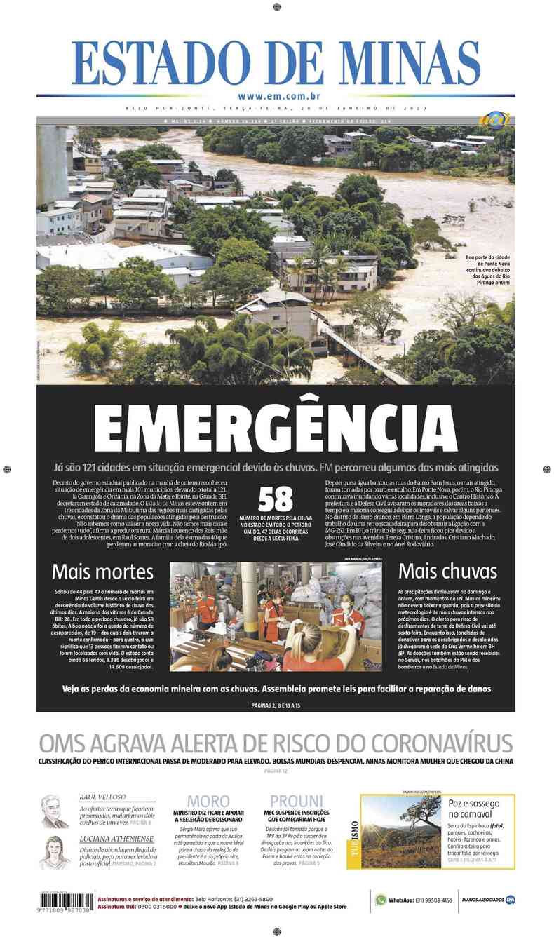Confira a Capa do Jornal Estado de Minas do dia 28/01/2020(foto: Estado de Minas)