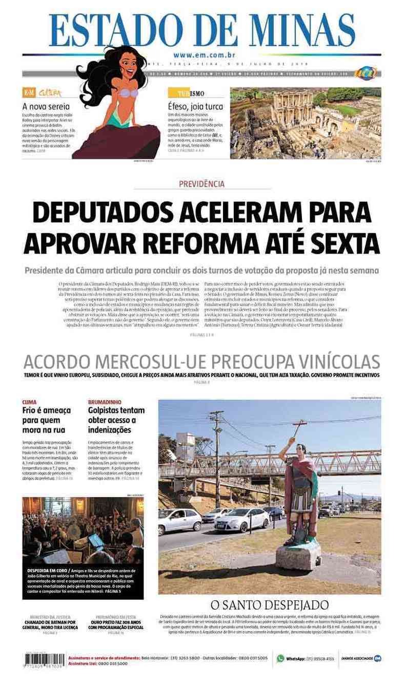 Confira a Capa do Jornal Estado de Minas do dia 09/07/2019(foto: Estado de Minas)