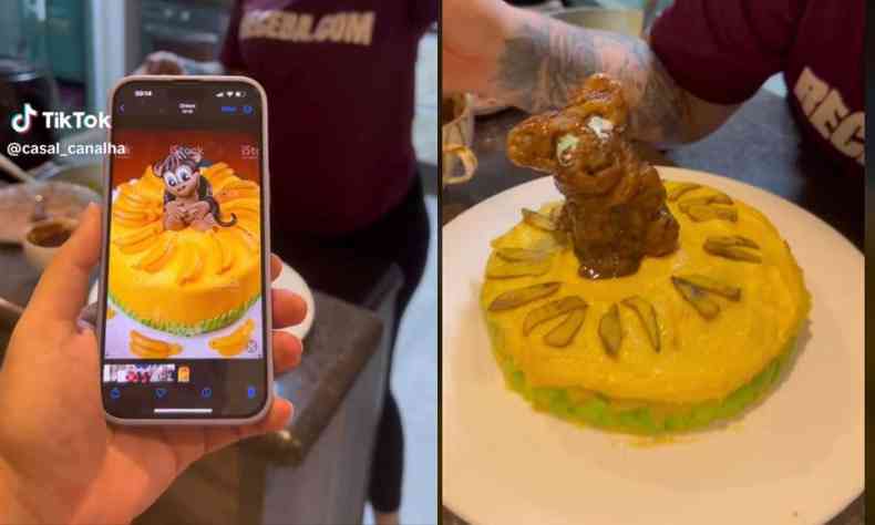 expectativa e realidade de um bolo decorado com um macaco